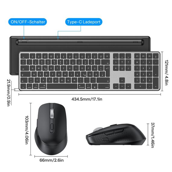 OMOTON Tastatur Maus Set Kabellose für MacBook Air/MacBook Pro/iMac/iMac Pro/Mac mini, Bluetooth Funktastatur QWERTZ mit Maus Wiederaufladbar, Multi-Gerät, Ergonomisch, Leises Tippen, DE Layout