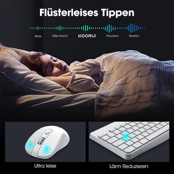 KOORUI Tastatur und Maus Kabellos, Leise Maus Tastatur Set Deutsches Layout QWERTZ mit 12 Funktionstasten 2.4 GHz Tastatur Maus Set für Windows, MacOS, Linux-Weiß