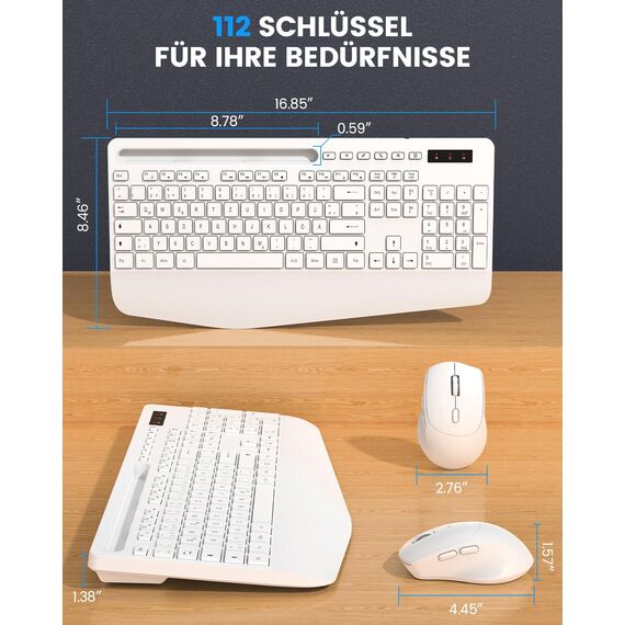 Tastatur Maus Set kabellos, 2.4G keine Latenz Ergonomische Tastatur kabellos Set, Handballenauflage, Telefonhalter, Akku im Lieferumfang enthalten, Leise Maus und Tastatur für Laptop, PC, Windows-Weiß