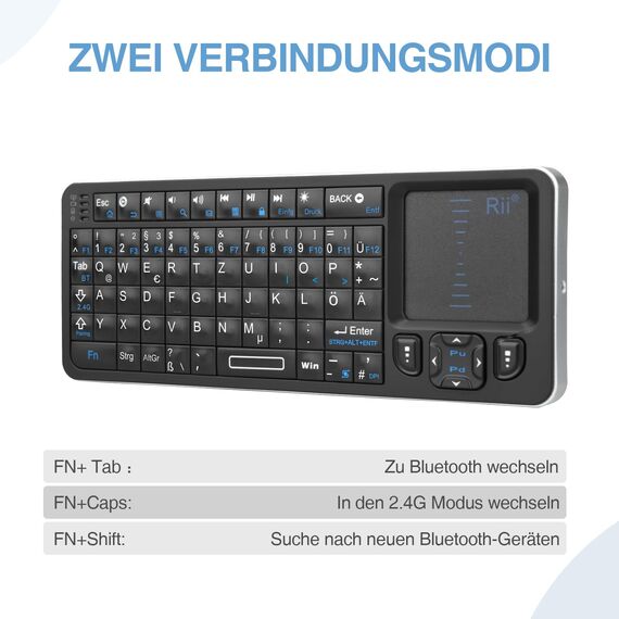 Rii Mini Tastatur Bluetooth mit Touchpad, Wireless Tastatur mit IR-Lernen und Hintergrundbeleuchtung für Android TV Box/Mac/Laptop/Windows/Tablet (DE Layout)
