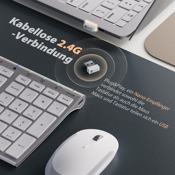 Tastatur Maus Set Kabellos, iClever Kabellose Tastatur und Maus, Wiederaufladbare, Deutsche QWERTZ Layout Funktastatur für Computer/Desktop/PC/Laptop/Windows 10/8/7, Weiß und Silber