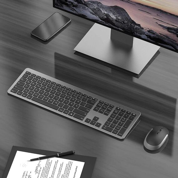 Tastatur Maus Set Kabellos, seenda SK38-3 Ultra-Dünne Wiederaufladbare Funktastatur, Ergonomische Keyboard Mouse mit Silikon Staubschutz für PC/Laptop/Smart TV, QWERTZ Layout (Schwarz&Grau)