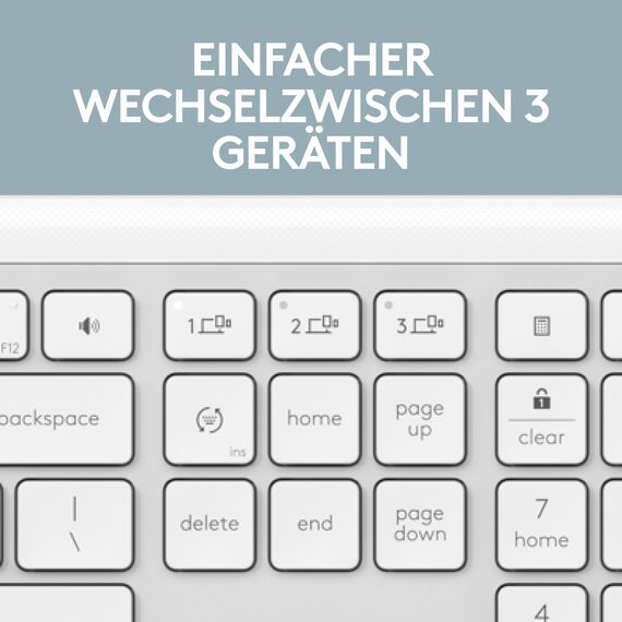 Logitech MK950 Signature Slim kabelloses Tastatur-Maus-Set, schlankes Design, leise tippen, Wechsel zwischen DREI Geräten, Bluetooth, mehrere Betriebssysteme, Windows und Mac, DEU QWERTZ-Layout, Weiß