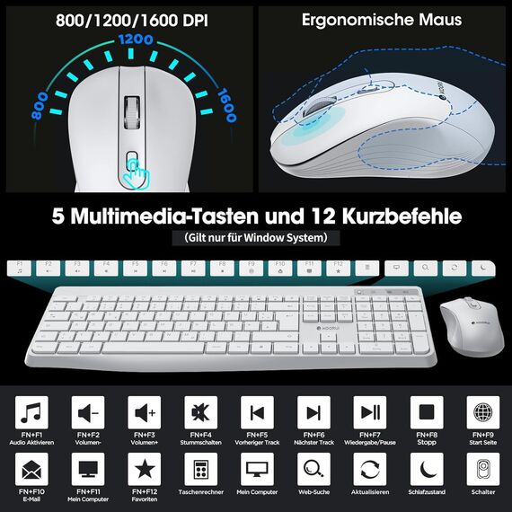 KOORUI Tastatur und Maus Kabellos, Leise Maus Tastatur Set Deutsches Layout QWERTZ mit 12 Funktionstasten 2.4 GHz Tastatur Maus Set für Windows, MacOS, Linux-Weiß