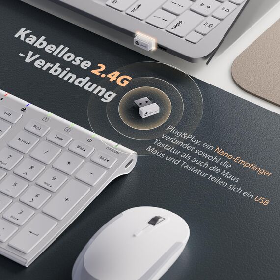 Tastatur Maus Set Kabellos, iClever kabellose Tastatur und Maus Ultra-Dünne Wiederaufladbare Funktastatur für PC/Laptop/Smart TV, QWERTZ Layout, Weiß