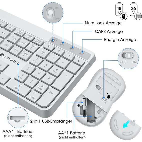 KOORUI Tastatur und Maus Kabellos, Leise Maus Tastatur Set Deutsches Layout QWERTZ mit 12 Funktionstasten 2.4 GHz Tastatur Maus Set für Windows, MacOS, Linux-Weiß