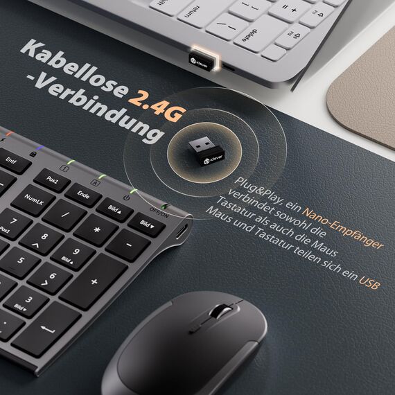 2.4G Maus Set kabellos, iClever Aluminium Wireless Slim Tastatur QWERTZ Layout (Deutsch), für Computer/Desktop/PC/Laptop/Oberfläsche/Smart TV und Windows 10/8/7/Vista/XP (2.4GHz, USB)