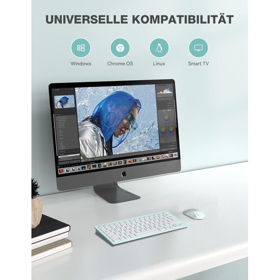 TECKNET Kabelloses Tastatur Maus Set, Deutsch QWERTZ Layout, 2.4 GHz Funk Mini Tastatur Mouse, 15m Reichweite Verbindung, Wireless Leise Funktastatur mit Maus für PC, Laptop, Smart TV, Grün