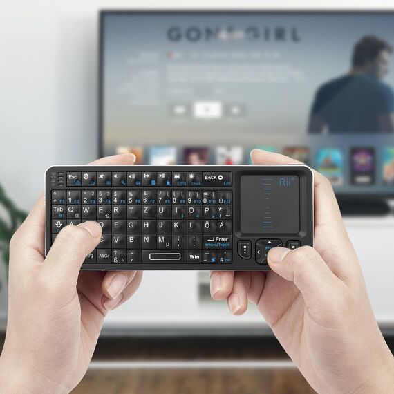 Rii Mini Tastatur Bluetooth mit Touchpad, Wireless Tastatur mit IR-Lernen und Hintergrundbeleuchtung für Android TV Box/Mac/Laptop/Windows/Tablet (DE Layout)