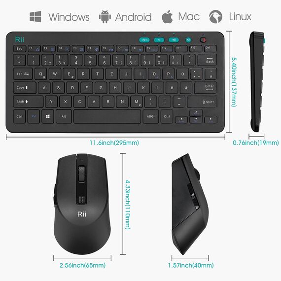 Rii Tastatur Maus Set Kabellos, 2.4G Kabellose Kompakte Tastatur mit Funkmaus für Laptop, PC und Smart TV, Deutsches QWERTZ Layout, Schwarz
