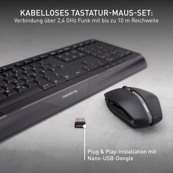 CHERRY GENTIX Desktop, Kabelloses Tastatur-Maus-Set, Deutsches Layout (QWERTZ), 2,4 GHz Funk, Integrierte Handballenauflage, Symmetrische Maus, Schwarz