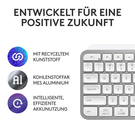 Logitech MX Keys S kabellose Tastatur, Low Profile, Fluid Quiet Typing, Programmable, Backlighting, Bluetooth, USB C Rechargeable, für Windows PC, Linux, Chrome, Mac, Deutsches QWERTZ, Pale Grey