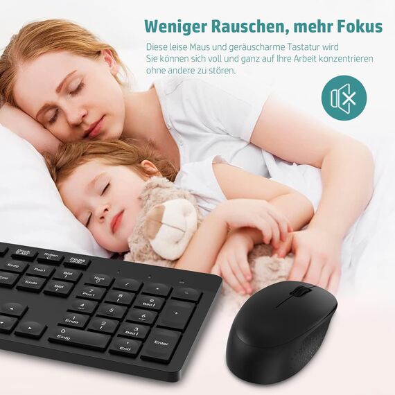 LeadsaiL K786 Tastatur Maus Set Kabellose, Tastatur und Maus, QWERTZ Deutsches Layout Funktastatur mit Maus, Flüsterleiser Tastenanschlag, 2.4 GHz mit 2-in-1 USB Nano Empfänger für PC/Laptop(Schwarz)