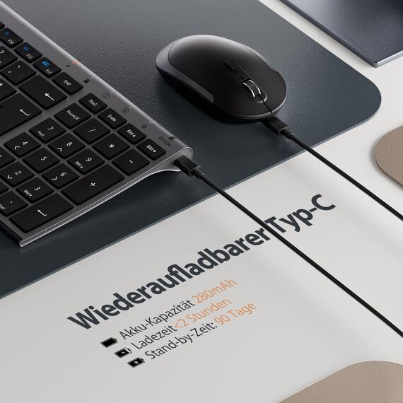 2.4G Maus Set kabellos, iClever Aluminium Wireless Slim Tastatur QWERTZ Layout (Deutsch), für Computer/Desktop/PC/Laptop/Oberfläsche/Smart TV und Windows 10/8/7/Vista/XP (2.4GHz, USB)