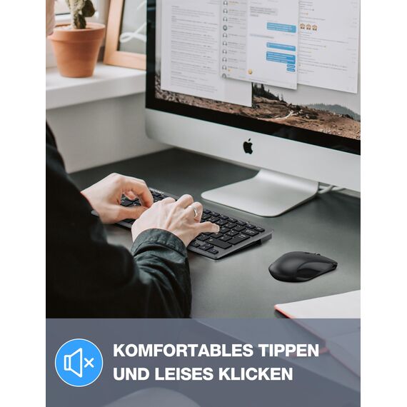 TECKNET Kabelloses Tastatur Maus Set, Deutsch QWERTZ Layout, 2.4 GHz Funk Mini Tastatur Mouse, 15m Reichweite Verbindung, Wireless Leise Funktastatur mit Maus für PC, Laptop, Smart TV, Grau