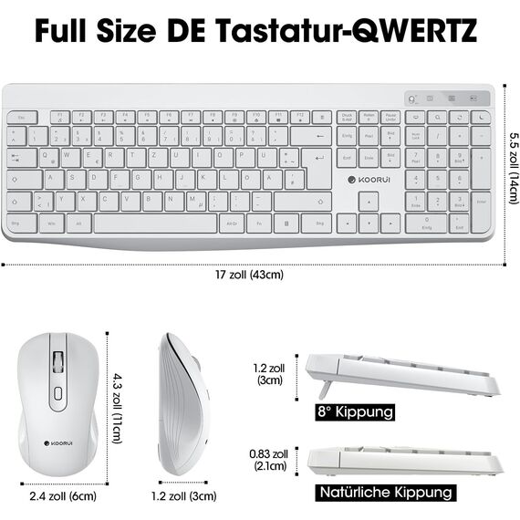 KOORUI Tastatur und Maus Kabellos, Leise Maus Tastatur Set Deutsches Layout QWERTZ mit 12 Funktionstasten 2.4 GHz Tastatur Maus Set für Windows, MacOS, Linux-Weiß