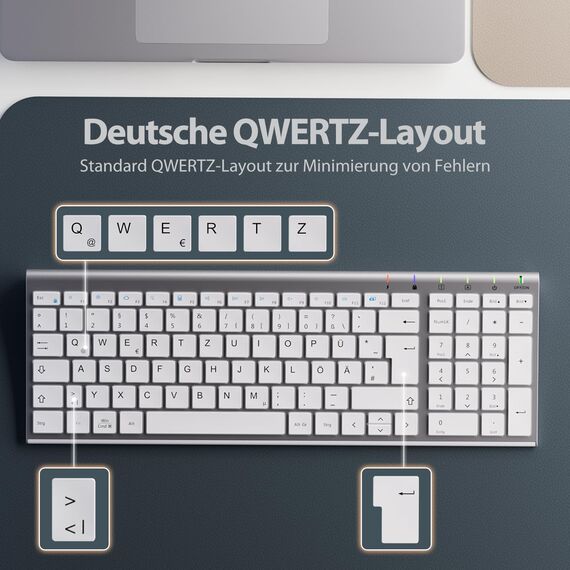 Tastatur Maus Set Kabellos, iClever Kabellose Tastatur und Maus, Wiederaufladbare, Deutsche QWERTZ Layout Funktastatur für Computer/Desktop/PC/Laptop/Windows 10/8/7, Weiß und Silber