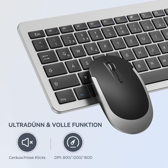 Tastatur Maus Set Kabellos, seenda SK38-3 Ultra-Dünne Wiederaufladbare Funktastatur, Ergonomische Keyboard Mouse mit Silikon Staubschutz für PC/Laptop/Smart TV, QWERTZ Layout (Schwarz&Silber)