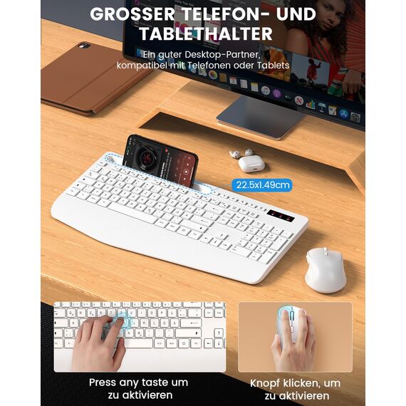 Tastatur Maus Set kabellos, 2.4G keine Latenz Ergonomische Tastatur kabellos Set, Handballenauflage, Telefonhalter, Akku im Lieferumfang enthalten, Leise Maus und Tastatur für Laptop, PC, Windows-Weiß