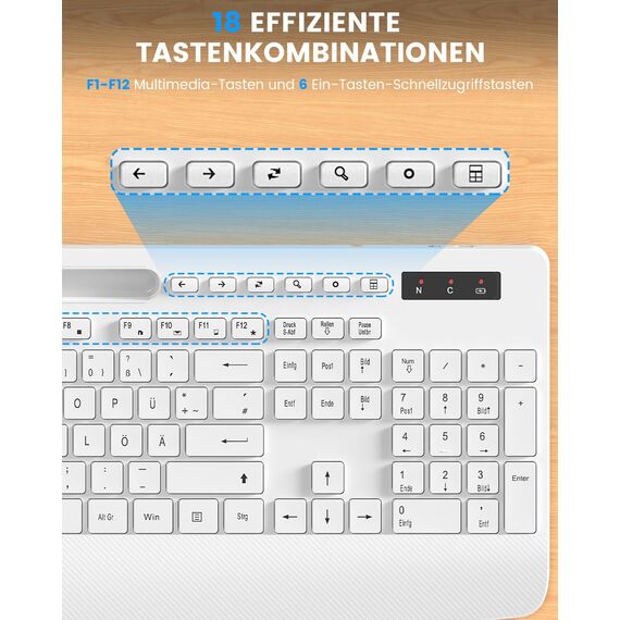 Tastatur Maus Set kabellos, 2.4G keine Latenz Ergonomische Tastatur kabellos Set, Handballenauflage, Telefonhalter, Akku im Lieferumfang enthalten, Leise Maus und Tastatur für Laptop, PC, Windows-Weiß