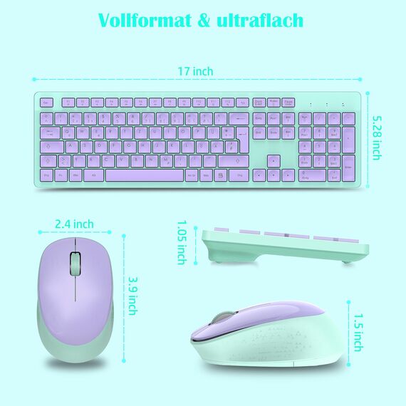 LeadsaiL K786 Tastatur Maus Set Kabellose, Tastatur und Maus, QWERTZ Deutsches Layout Funktastatur mit Maus, Flüsterleiser Tastenanschlag, 2.4 GHz mit 2-in-1 Nano Empfänger für PC/Laptop (Lavander)