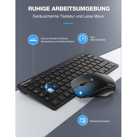 TECKNET Kabelloses Tastatur Maus Set, Deutsch QWERTZ Layout, 2.4 GHz Funk Mini Tastatur Mouse, 15m Reichweite Verbindung, Wireless Leise Funktastatur mit Maus für PC, Laptop, Smart TV, Schwarz