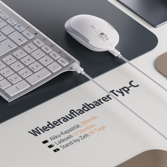 Tastatur Maus Set Kabellos, iClever Kabellose Tastatur und Maus, Wiederaufladbare, Deutsche QWERTZ Layout Funktastatur für Computer/Desktop/PC/Laptop/Windows 10/8/7, Weiß und Silber
