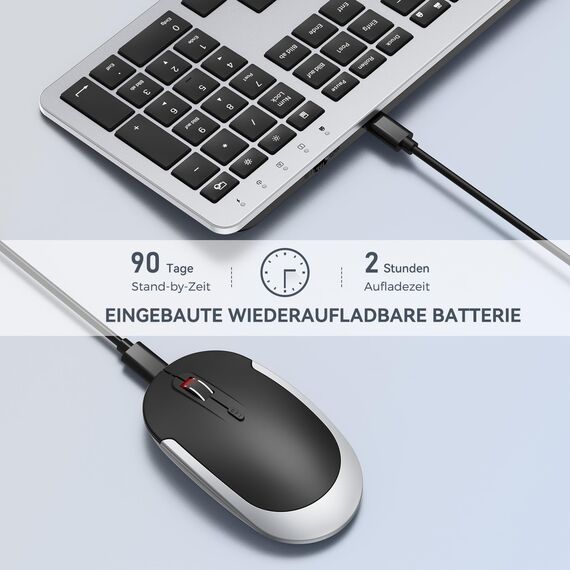Tastatur Maus Set Kabellos, seenda SK38-3 Ultra-Dünne Wiederaufladbare Funktastatur, Ergonomische Keyboard Mouse mit Silikon Staubschutz für PC/Laptop/Smart TV, QWERTZ Layout (Schwarz&Silber)