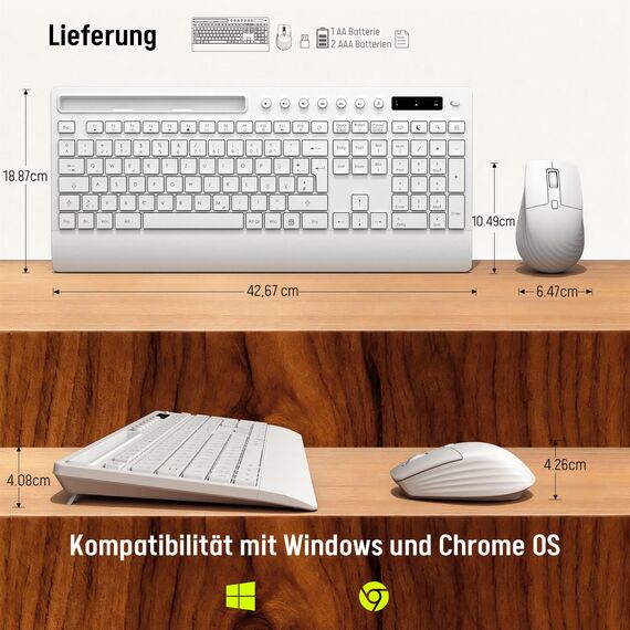 Tastatur Maus Set Kabellos, Leise 2,4 GHz Tastatur in voller Größe mit Handballenauflage, Telefonhalter, Multimediatasten, Kabelloses Set für Windows, Chrome OS, PC-Weiß