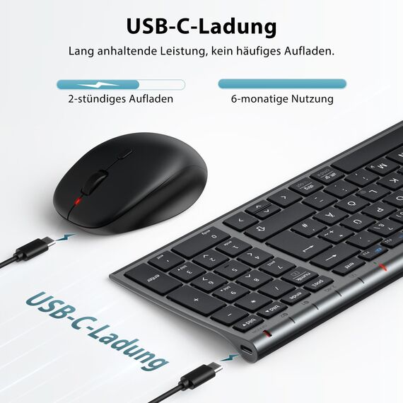iClever Bluetooth Tastatur mit Maus, Tastatur Maus Set Kabellos,Wiederaufladbare Dualmodus (Bluetooth 5.0+2.4G) Funktastatur, für PC/Laptop, QWERTZ Layout, Grau