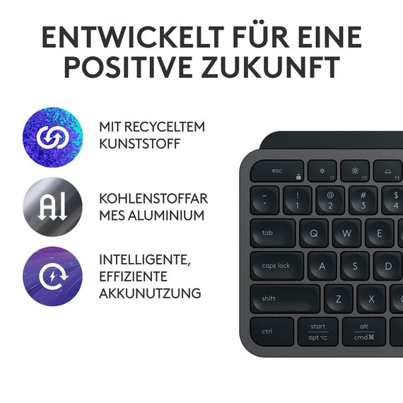 Logitech MX Keys S Plus kabellose Tastatur Uns Palm Rest Low Profile, Fluid Quiet Typing, Programmable, Backlighting, Bluetooth, USB C, Windows PC, Linux, Chrome, Mac, Deutsches QWERTZ - Grau