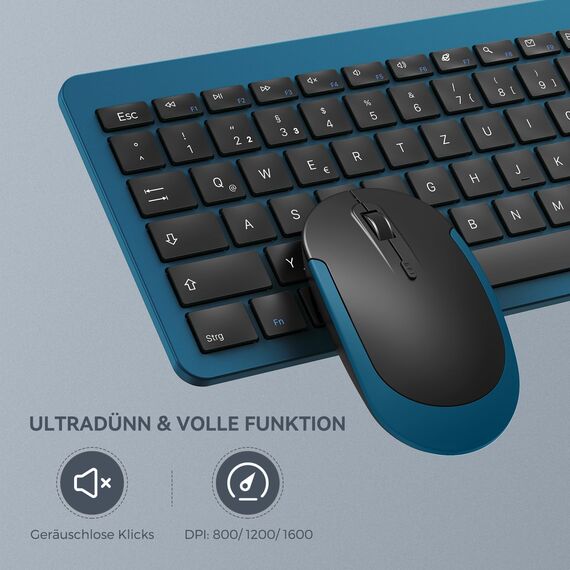 Tastatur Maus Set Kabellos, seenda SK38-3 Ultra-Dünne Wiederaufladbare Funktastatur, Ergonomische Keyboard Mouse mit Silikon Staubschutz für PC/Laptop/Smart TV, QWERTZ Layout (Schwarz&Blau)