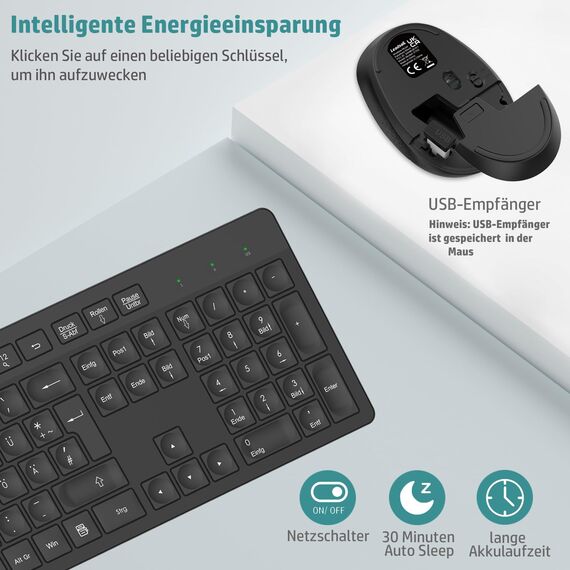 LeadsaiL K786 Tastatur Maus Set Kabellose, Tastatur und Maus, QWERTZ Deutsches Layout Funktastatur mit Maus, Flüsterleiser Tastenanschlag, 2.4 GHz mit 2-in-1 USB Nano Empfänger für PC/Laptop(Schwarz)