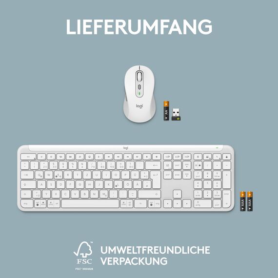 Logitech MK950 Signature Slim kabelloses Tastatur-Maus-Set, schlankes Design, leise tippen, Wechsel zwischen DREI Geräten, Bluetooth, mehrere Betriebssysteme, Windows und Mac, DEU QWERTZ-Layout, Weiß