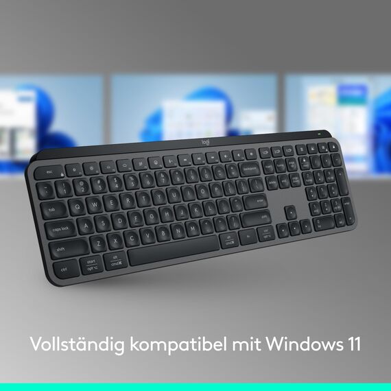 Logitech MX Keys S Plus kabellose Tastatur Uns Palm Rest Low Profile, Fluid Quiet Typing, Programmable, Backlighting, Bluetooth, USB C, Windows PC, Linux, Chrome, Mac, Deutsches QWERTZ - Grau