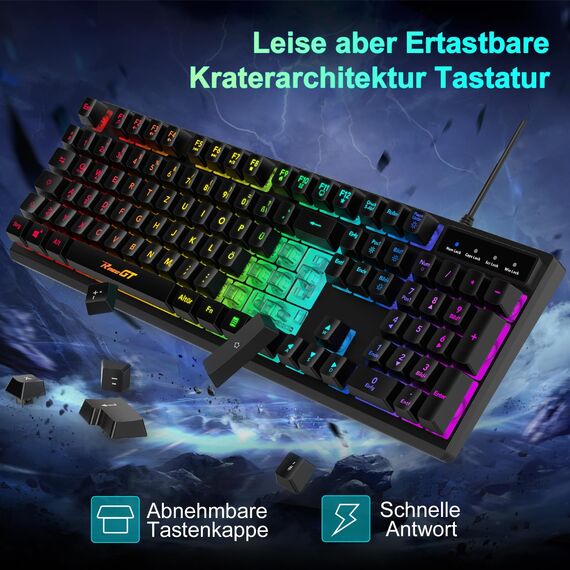 Maus und Tastatur Gaming Büro,RaceGT Tastatur Kabel RGB Beleuchtet LED Hintergrundbeleuchtung Wasserdicht 104 Tasten, Kabel Maus mit 7 Tasten 6400 DPI für PC Gamer Laptop QWERTZ (DE-Layout)