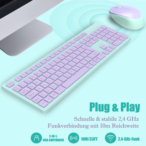 LeadsaiL K786 Tastatur Maus Set Kabellose, Tastatur und Maus, QWERTZ Deutsches Layout Funktastatur mit Maus, Flüsterleiser Tastenanschlag, 2.4 GHz mit 2-in-1 Nano Empfänger für PC/Laptop (Lavander)