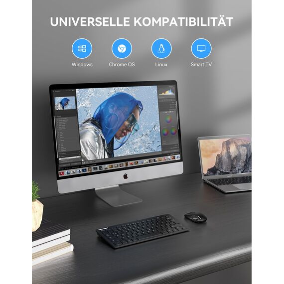 TECKNET Kabelloses Tastatur Maus Set, Deutsch QWERTZ Layout, 2.4 GHz Funk Mini Tastatur Mouse, 15m Reichweite Verbindung, Wireless Leise Funktastatur mit Maus für PC, Laptop, Smart TV, Schwarz