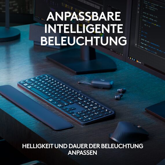 Logitech MX Keys S Plus kabellose Tastatur Uns Palm Rest Low Profile, Fluid Quiet Typing, Programmable, Backlighting, Bluetooth, USB C, Windows PC, Linux, Chrome, Mac, Deutsches QWERTZ - Grau