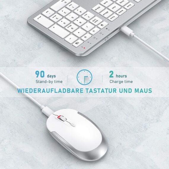 Tastatur Maus Set Kabellos, seenda SK38-3 Ultra-Dünne Wiederaufladbare Funktastatur, Ergonomische Keyboard Mouse mit Silikon Staubschutz für PC/Laptop/Smart TV, QWERTZ Layout Weiß und Silber
