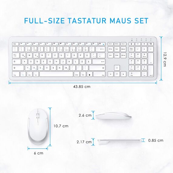 Tastatur Maus Set Kabellos, seenda SK38-3 Ultra-Dünne Wiederaufladbare Funktastatur, Ergonomische Keyboard Mouse mit Silikon Staubschutz für PC/Laptop/Smart TV, QWERTZ Layout Weiß und Silber