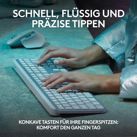 Logitech MX Keys S kabellose Tastatur, Low Profile, Fluid Quiet Typing, Programmable, Backlighting, Bluetooth, USB C Rechargeable, für Windows PC, Linux, Chrome, Mac, Deutsches QWERTZ, Pale Grey