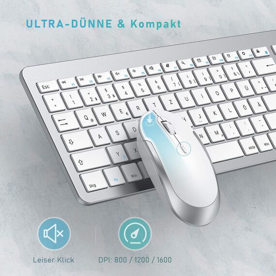 Tastatur Maus Set Kabellos, seenda SK38-3 Ultra-Dünne Wiederaufladbare Funktastatur, Ergonomische Keyboard Mouse mit Silikon Staubschutz für PC/Laptop/Smart TV, QWERTZ Layout Weiß und Silber