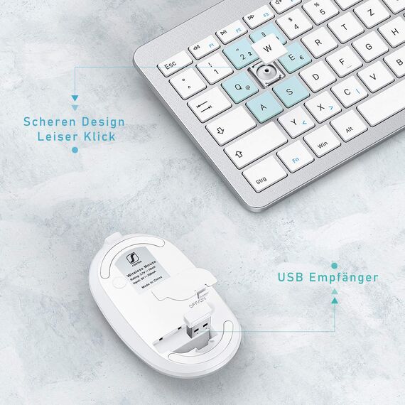 Tastatur Maus Set Kabellos, seenda SK38-3 Ultra-Dünne Wiederaufladbare Funktastatur, Ergonomische Keyboard Mouse mit Silikon Staubschutz für PC/Laptop/Smart TV, QWERTZ Layout Weiß und Silber