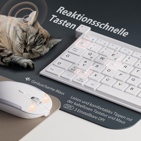 Tastatur Maus Set Kabellos, iClever kabellose Tastatur und Maus Ultra-Dünne Wiederaufladbare Funktastatur für PC/Laptop/Smart TV, QWERTZ Layout, Weiß