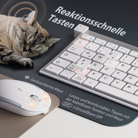 Tastatur Maus Set Kabellos, iClever Kabellose Tastatur und Maus, Wiederaufladbare, Deutsche QWERTZ Layout Funktastatur für Computer/Desktop/PC/Laptop/Windows 10/8/7, Weiß und Silber