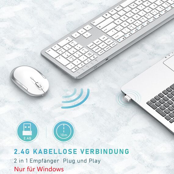 Tastatur Maus Set Kabellos, seenda SK38-3 Ultra-Dünne Wiederaufladbare Funktastatur, Ergonomische Keyboard Mouse mit Silikon Staubschutz für PC/Laptop/Smart TV, QWERTZ Layout Weiß und Silber