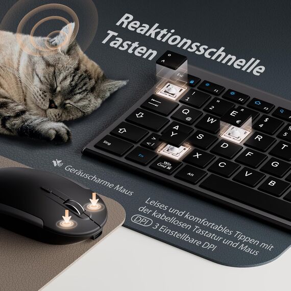 2.4G Maus Set kabellos, iClever Aluminium Wireless Slim Tastatur QWERTZ Layout (Deutsch), für Computer/Desktop/PC/Laptop/Oberfläsche/Smart TV und Windows 10/8/7/Vista/XP (2.4GHz, USB)