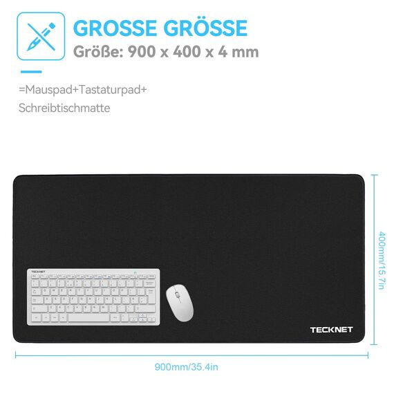 TECKNET Mauspad XXL Speed Gaming, 900x400 mm Schreibtischunterlage Schwarz, Gamer Mouse Pad, Wasserdicht mousepad, Spezielle Oberfläche Verbessert Präzision und Geschwindigkeit, rutschfeste Gummibasis