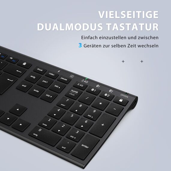 iClever Bluetooth Tastatur mit Maus, Wiederaufladbare Dualmodus USB & Bluetooth Tastatur aus Metall, Ultradünne Leise Tastatur Maus Set kabellos für PC/Tablet/MacOS, QWERTZ Layout